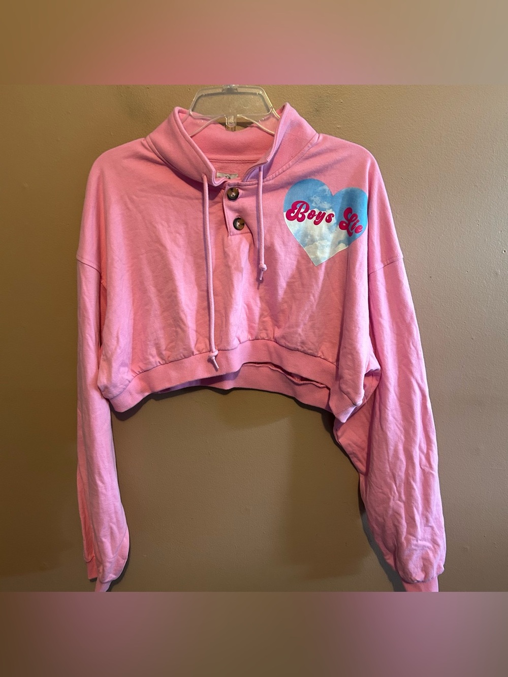 NWT Boys Lie Head In The Clouds Henley Cropped Crew Sweatshirt Pink S/M - Picture 2 of 6